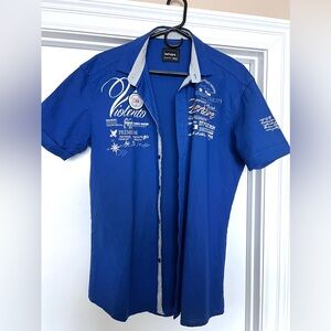 Button down blue shirt with cool logos and designs!